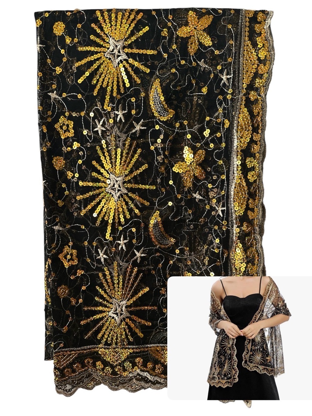 LADIERY Black With Gold Sequins Long Special Occasion Long Shawl Scarves Wraps